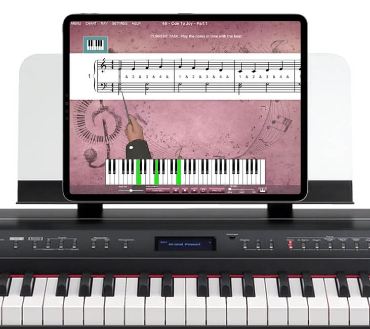 digital piano with iPad running Musiah piano learning app